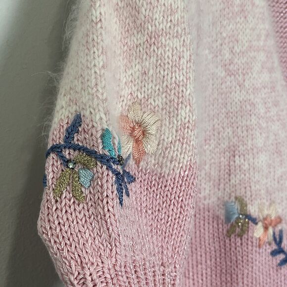 Nannell Sweater Women’s Small Pink Floral Embroidered Puff Sleeve Beaded Angora - Picture 5 of 10
